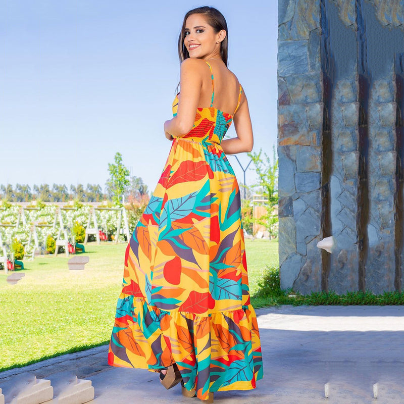 Plunge Neck Colorful Printed High Waist Resort Sundresses Ruffled Slip Dress Wholesale Maxi Dresses