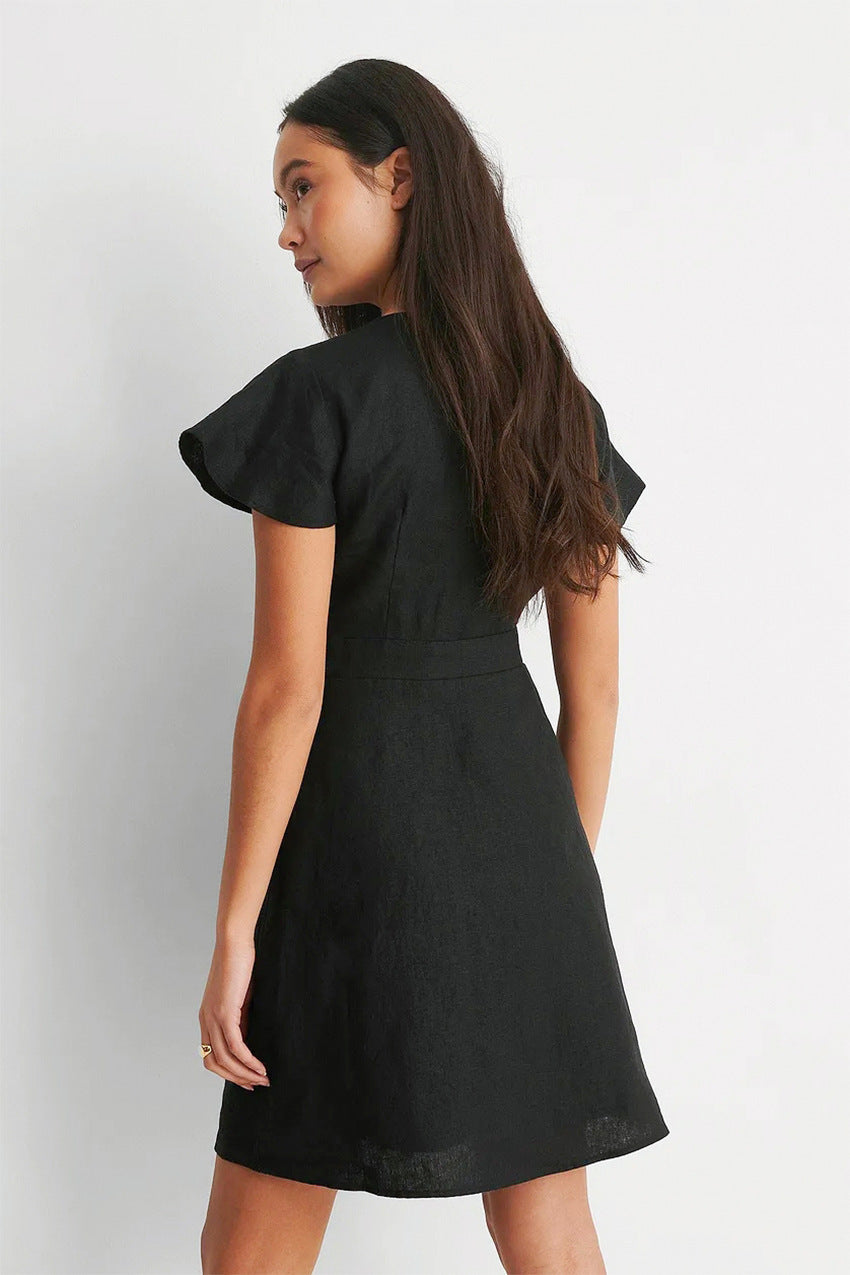 Short Sleeve Bowknot Hollow V-Neck Cotton Linen A-Line Dress Wholesale Dresses