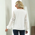 Fashion Puff Sleeve Lace Panel Shirts Chiffon Blouse Wholesale Womens Tops
