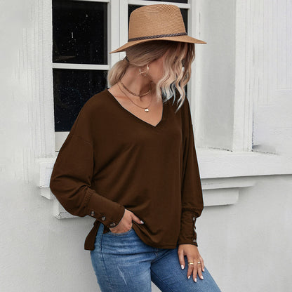 Loose Casual V-Neck Long-Sleeved T-Shirts Wholesale Womens Tops