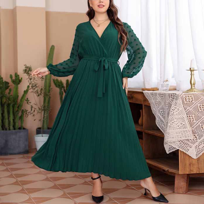 Solid Color Jacquard Curvy Pleated Dresses Wholesale Plus Size Clothing