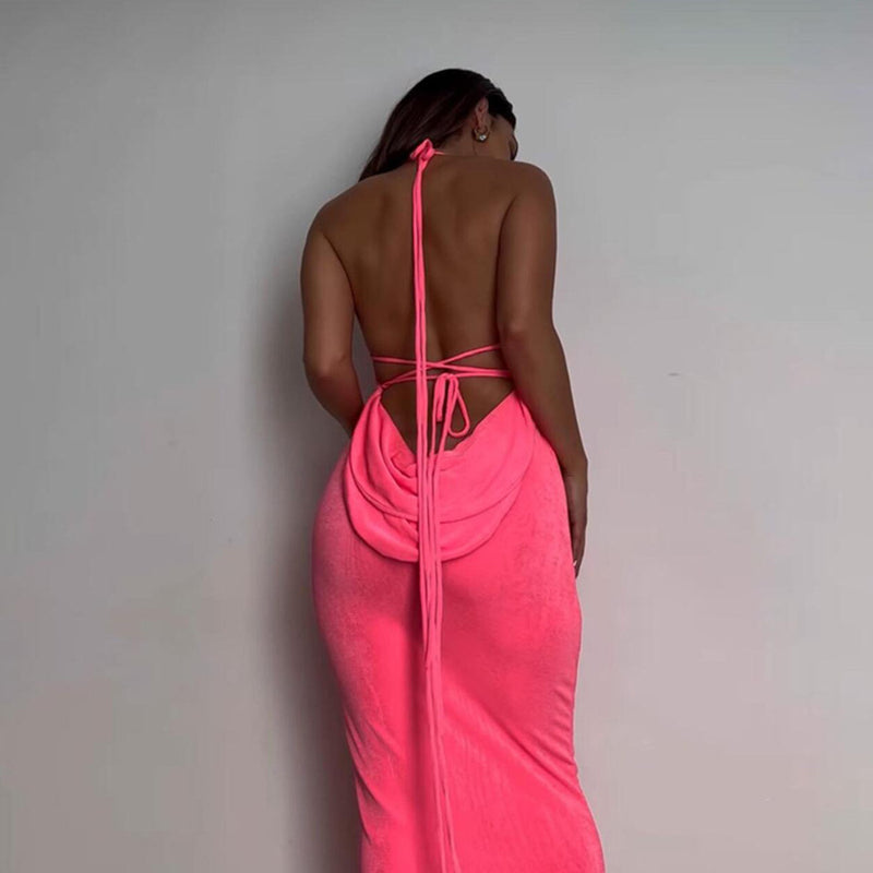 Solid ColorLace-Up Long Strip Backless Bodycon Sundresses Sexy Sling Evening Dress Wholesale Maxi Dresses