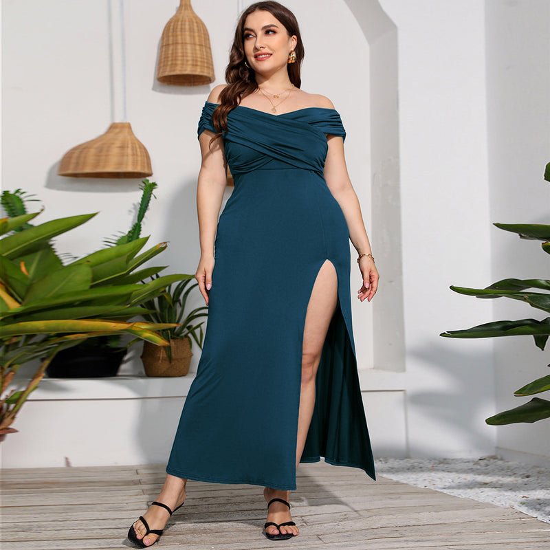 Solid Color Off Shoulder Slim Fit High Waist Slit Elegant Evening Curve Maxi Dresses Wholesale Plus Size Clothing