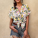 Casual Floral V Neck Tops Single-Breasted Short Sleeve Resort Loose Womens T Shirts Wholesale
