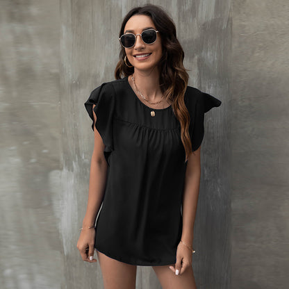 Crew Neck Loose Pleated Lotus Leaf Sleeve Chiffon Blouse Casual Wholesale Women'S T Shirts ST55561