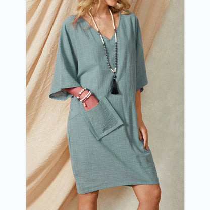 Cotton & Linen Solid Color T Shirt Dress Wholesale Casual Dresses With Pockets