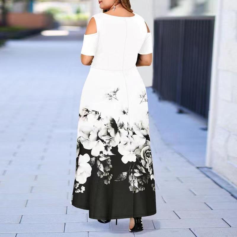 Off Shoulder Crew Neck Floral Midi Dress Swing Dresses Loose Wholesale Plus Size Clothing