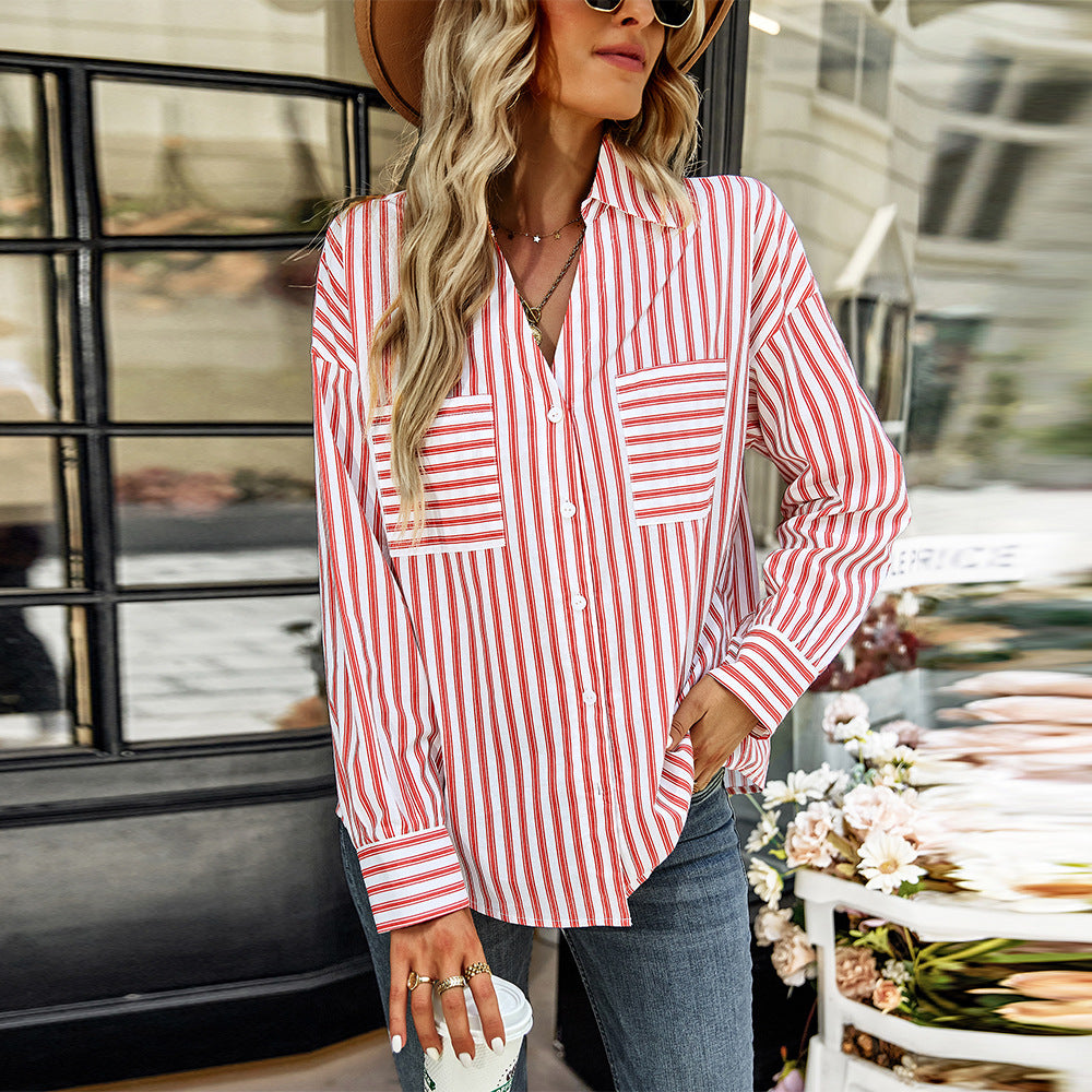 Casual Stripes Single-Breasted Lapel Tops Wholesale Womens Long Sleeve T Shirts