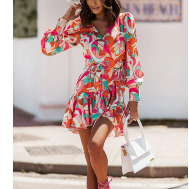 Geometric & Floral Print Womens V Neck Long Lantern Sleeve Tie-Up Waist Swing Ruffled Dress Wholesale Dresses