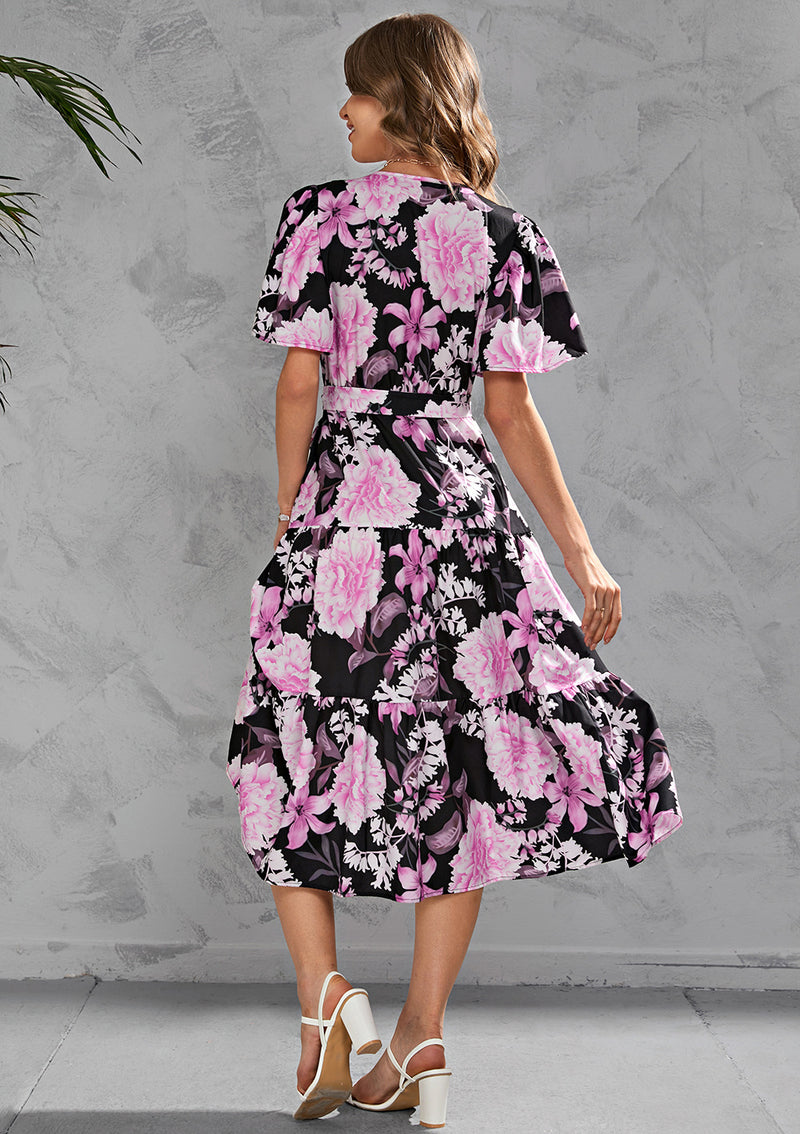 Short-Sleeve Floral Printed V-Neck Lace-Up Waist Midi Smocked Dress Casual Wholesale Dresses