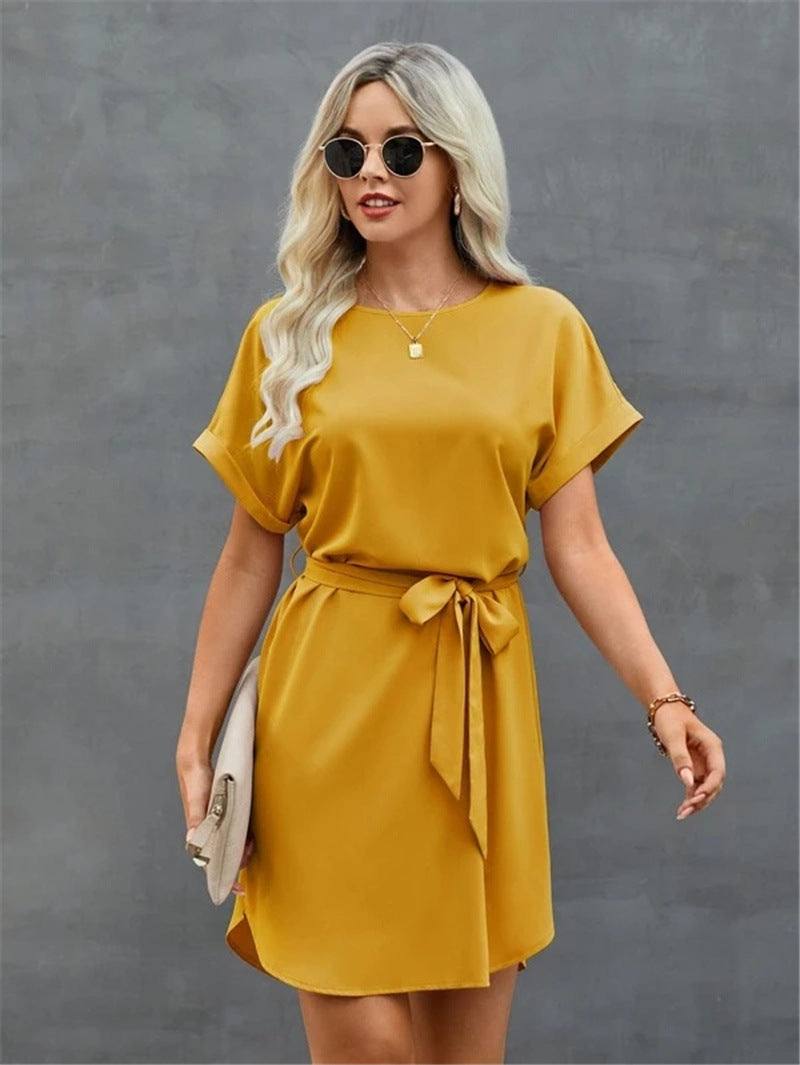 Summer Loose Solid Color Lace-Up Short Sleeve Midi Dresses Business Casual T Shirt Dress Wholesale SD531307