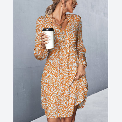 Casual Tie-Up Neck Long Sleeve Floral Dress Wholesale Dresses