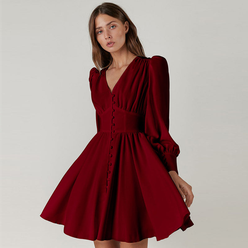 Solid Color Single-Breasted Balloon Sleeve Swing Dress Wholesale Dresses