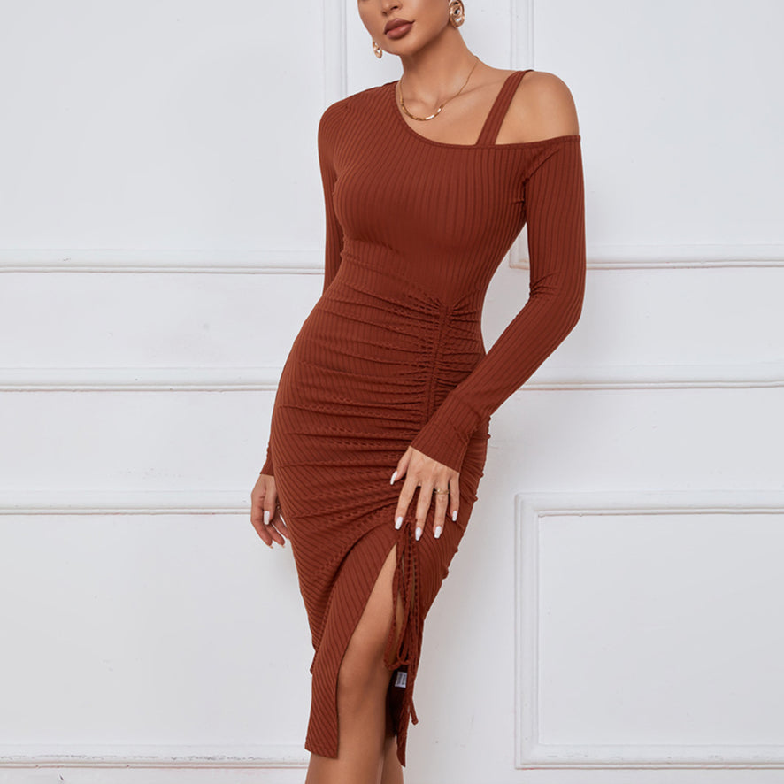 Off Shoulder Long Sleeve Package Hip Drawstring Knitted Dress Wholesale Dresses