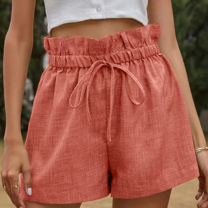 Lace-Up High Waist Loose Wide-Leg Cotton & Linen Womens Bud Short Pants Wholesale Shorts