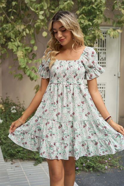 Square Neck Floral Print Chiffon Short-Sleeve Swing Dress Wholesale Dresses