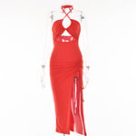 High Slit Shriveled Halter Neck Strapless Hollow Solid Color Dress Wholesale Dresses