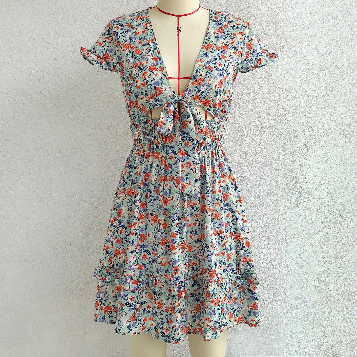 Floral Print Short Sleeve V Neck Bowknot Hollow Out Wholesale A Line Dresses for Summer