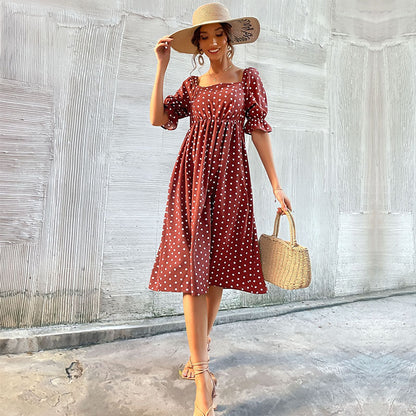 Polka Dot Print Puff Sleeve Square Neck Wholesale Swing Dresses Summer