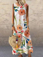 Floral Printed Sleeveless Casual Wholesale Maxi Dresses Round Neck Vacation Dresses