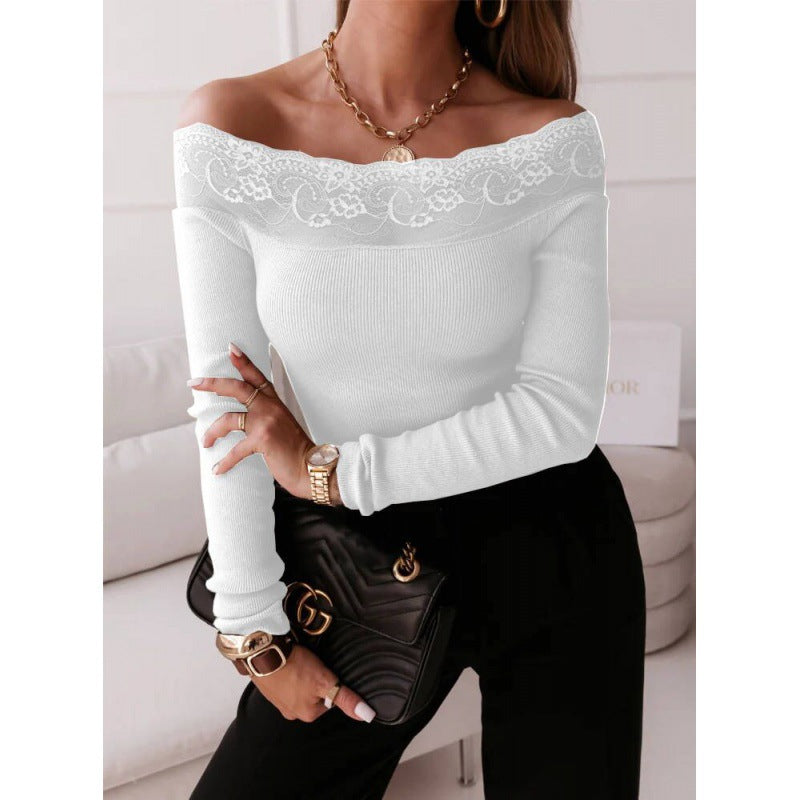 Sexy Lace Off Shoulder Long-Sleeve Knitted Blouse Wholesale Womens Tops