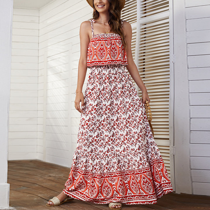 Lace-Up Ethnic Style Print Boho Sundresses Sexy Vacation Maxi Dresses Wholesale Bohemian Dress For Women