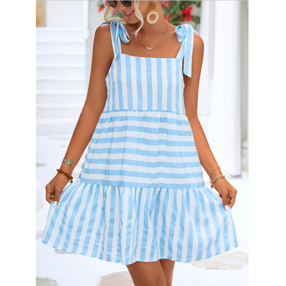 Tie-Up Suspenders Striped Print Ruffle Dress Wholesale Dresses