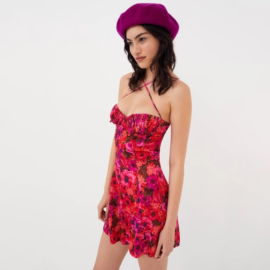 Printed Sleeveless Halter Neck Sexy Floral Dress Wholesale Dresses