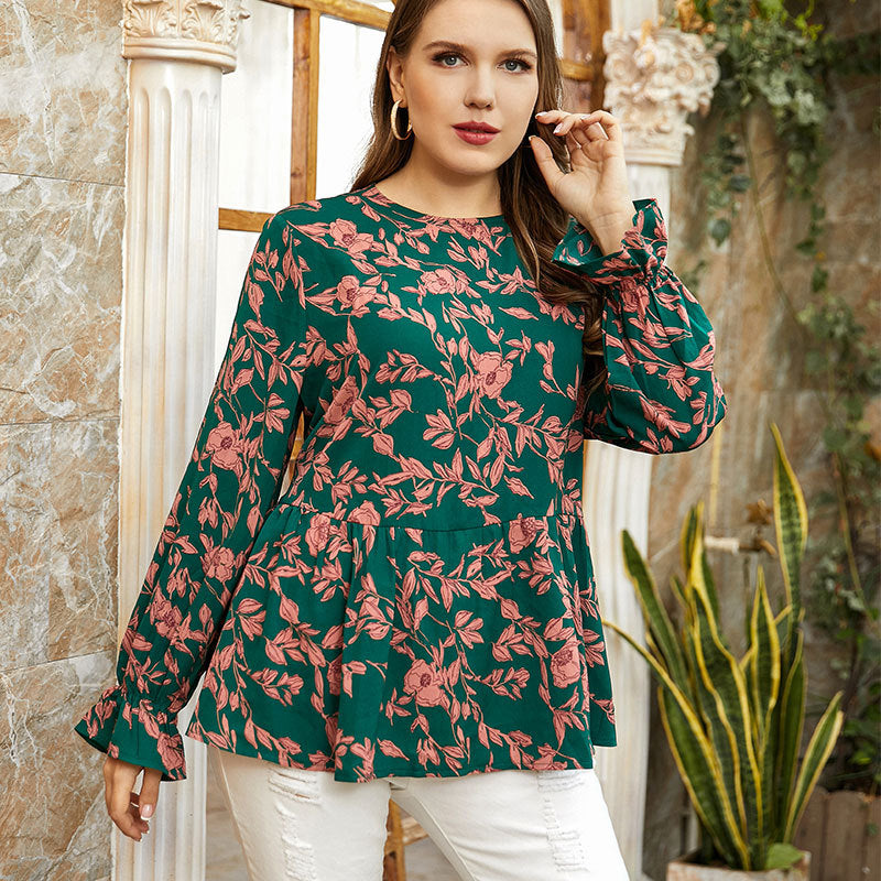 Leaf Print Ruffle Sleeve Round Neck Wholesale Plus Size Tops