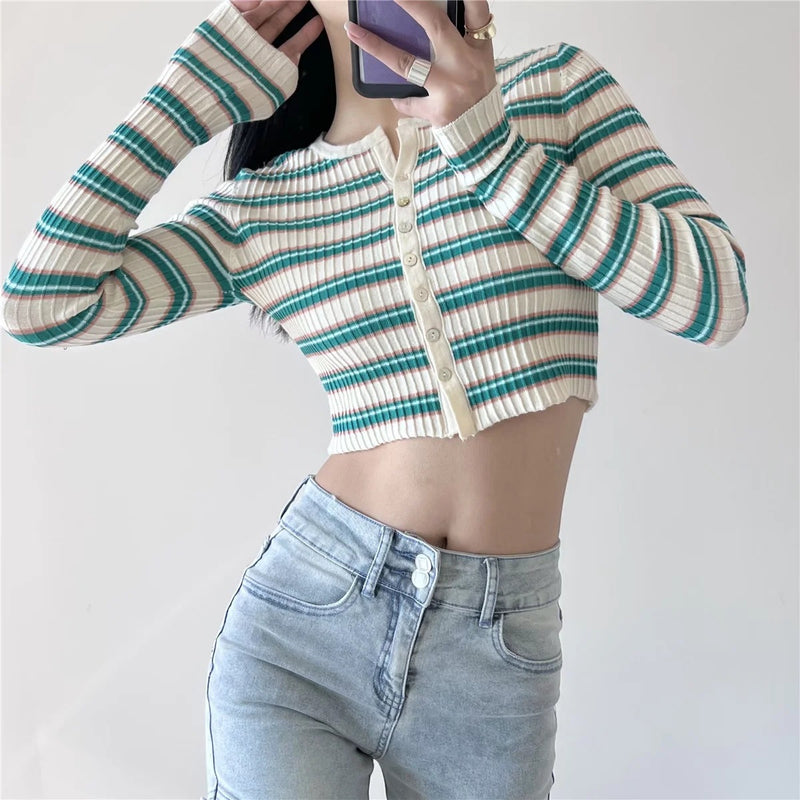 Striped Print Long Sleeve Round Neck Button Down Wholesale Cardigan Crop Tops