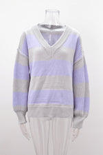 Fashion Striped Knitted Tops V Neck Loose Lantern Sleeve Casual Women Wholesale Sweaters