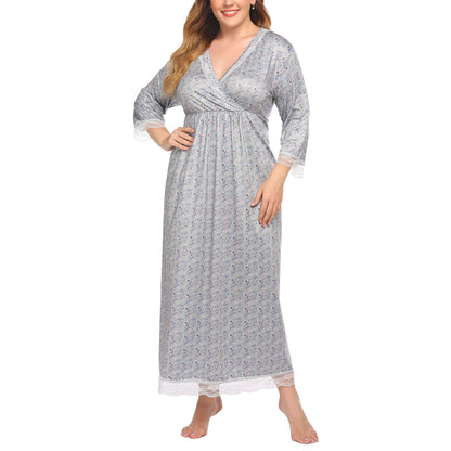 Casual Lace Stitching Printed Curvy Nightgown Wholesale Plus Size Clothing