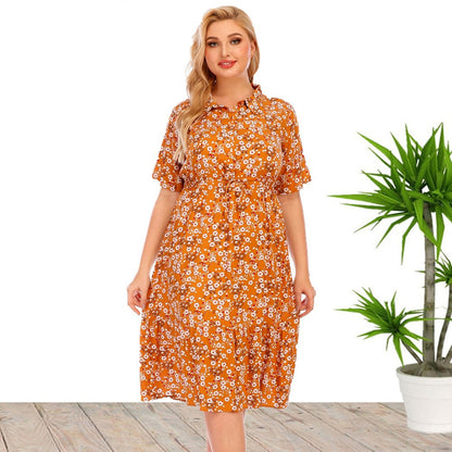 Lapel Collar V Neck Button Floral Wholesale Plus Size Bohemian Dresses Summer