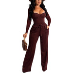 Sexy Long Sleeve Low-Cut Tops & Drawstring Pants Solid Color Wholesale Two Piece Sets