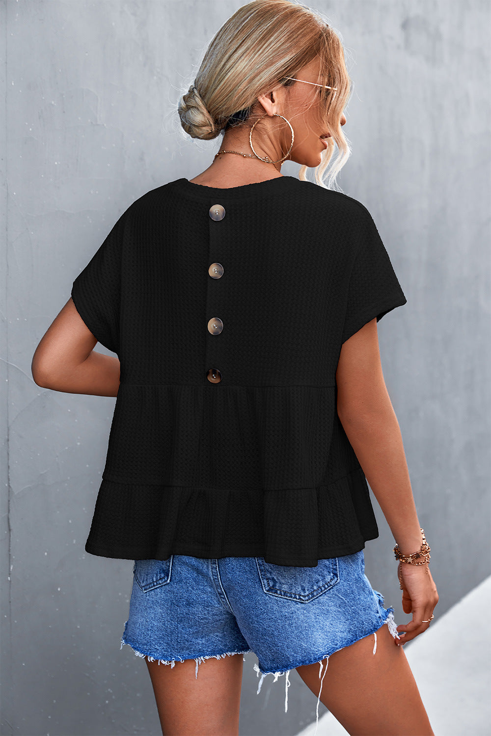 Waffle Round Neck Stitching Top Short Sleeve Solid Color Womens T Shirts Wholesale