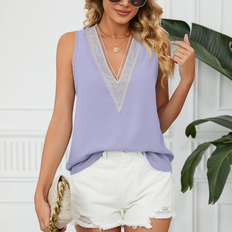 Solid Color Chiffon Loose V-Neck Vest Sleeveless Tank Top Wholesale Womens Tops