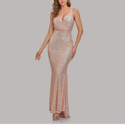 Sling Slim Deep-V Fishtail Sequin Prom Evening Dress Wholesale Maxi Dresses