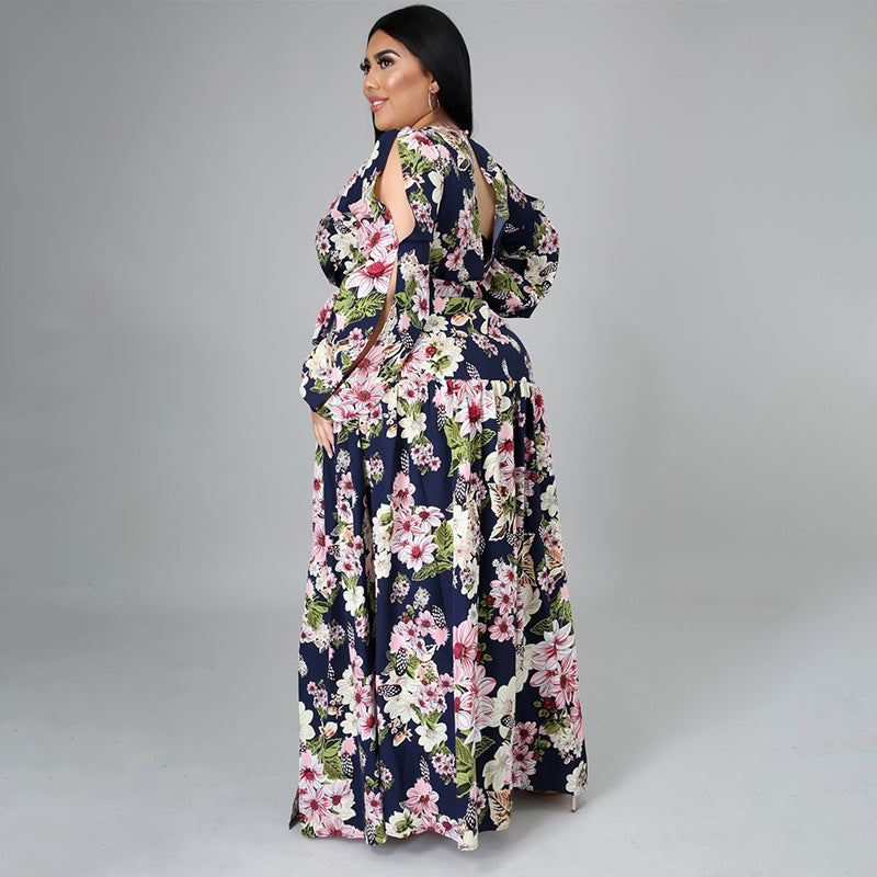 Cutout Sleeve Floral Print Slit Women Curvy Maxi Dresses Wholesale Plus Size Clothing