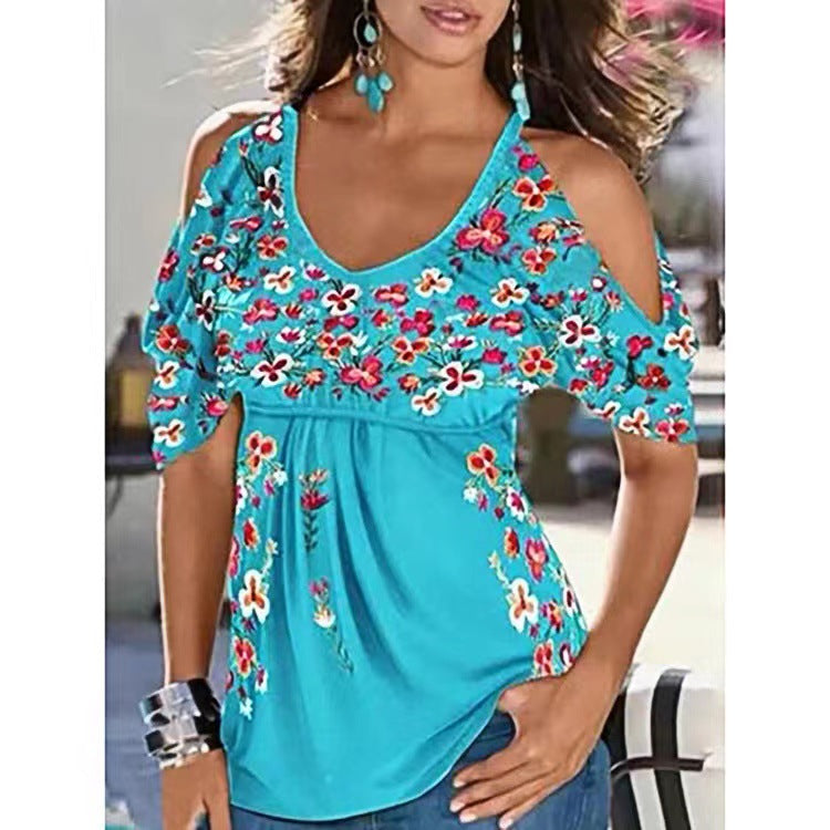 Summer Sexy Print Tops Loose Short Sleeve Women Wholesale Off Shoulder T Shirts