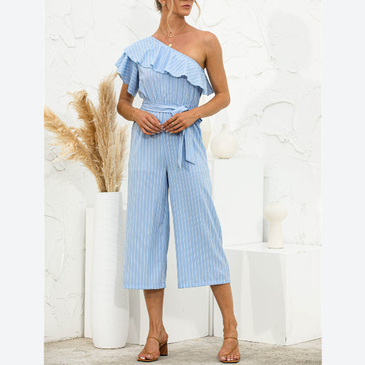 Slanted Shoulder Striped Fashion Ruffles Lace-Up Wide-Leg Womens Jump Suits Wholesale Jumpsuits