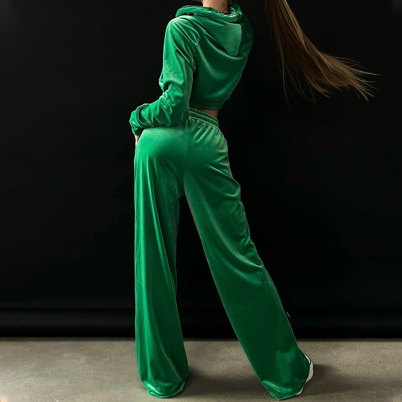 Casual Solid Color Long Sleeve Hooded Jacket Wide Leg Pants Tracksuit Wholesale Women'S Sets
