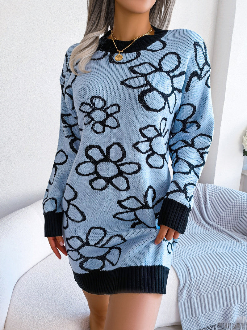 Fashion Long-Sleeved Flower Print Knitted Dress Wholesale Dresses