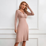 V-Neck Strap Long-Sleeve Elegant A-Line Knitted Dress Wholesale Dresses
