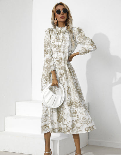 Printed Lantern Sleeve Half Collar Bowknot Loose Ruffled Midi Dress Casual Wholesale Dresses