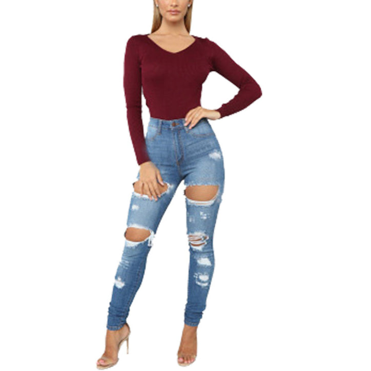 Sexy Ripped Washed Slim Denim Pants Wholesale Jeans