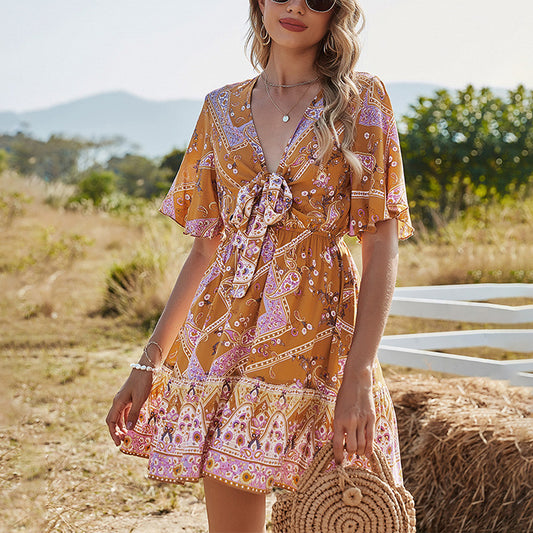 V-Neck Lace-Up Flare Short Sleeve Floral Printed A-Line Bohemian Dress Wholesale Dresses