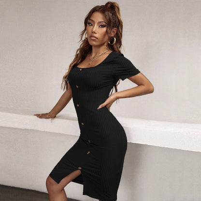 Sexy Slit Square Neck Button Waist Short Sleeve Bodycon Dress Wholesale Dresses