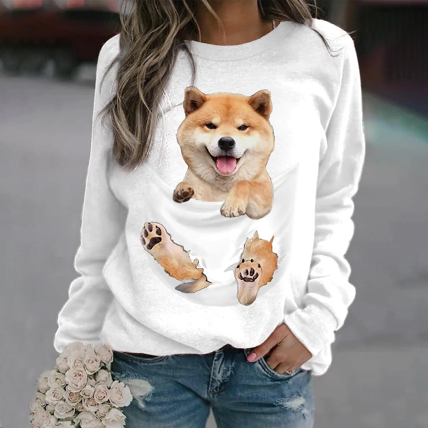 Fashion Casual Loose Animal Print Tops Long Sleeve Crew Neck Wholesale Womens Sweatshirts