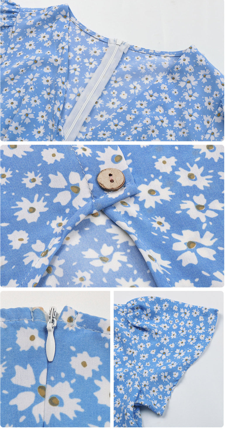 Floral Print V Neck Short Sleeve Button High Slit Wholesale Swing Dresses Summer