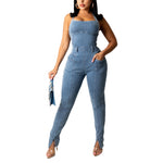 Sexy Denim Backless Lace-Up Wholesale Womens Jumpsuits